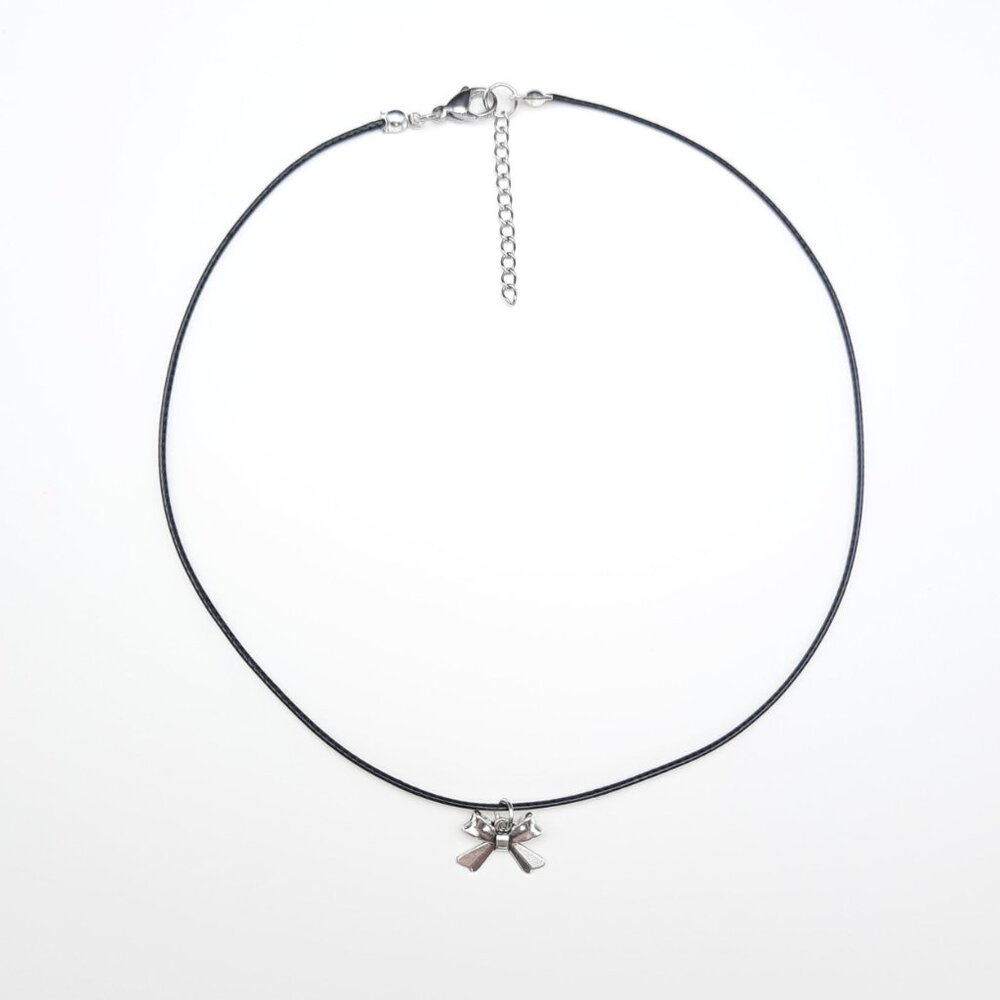 Bow Cute Feminine Minimalist Black Adjustable Cord Necklace Handmade Jewelry - Picture 2 of 7